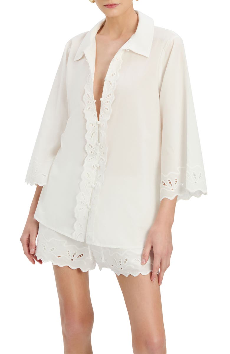 Bardot Aleria Eyelet Cotton Button-Up Shirt, Main, color, Orchid White
