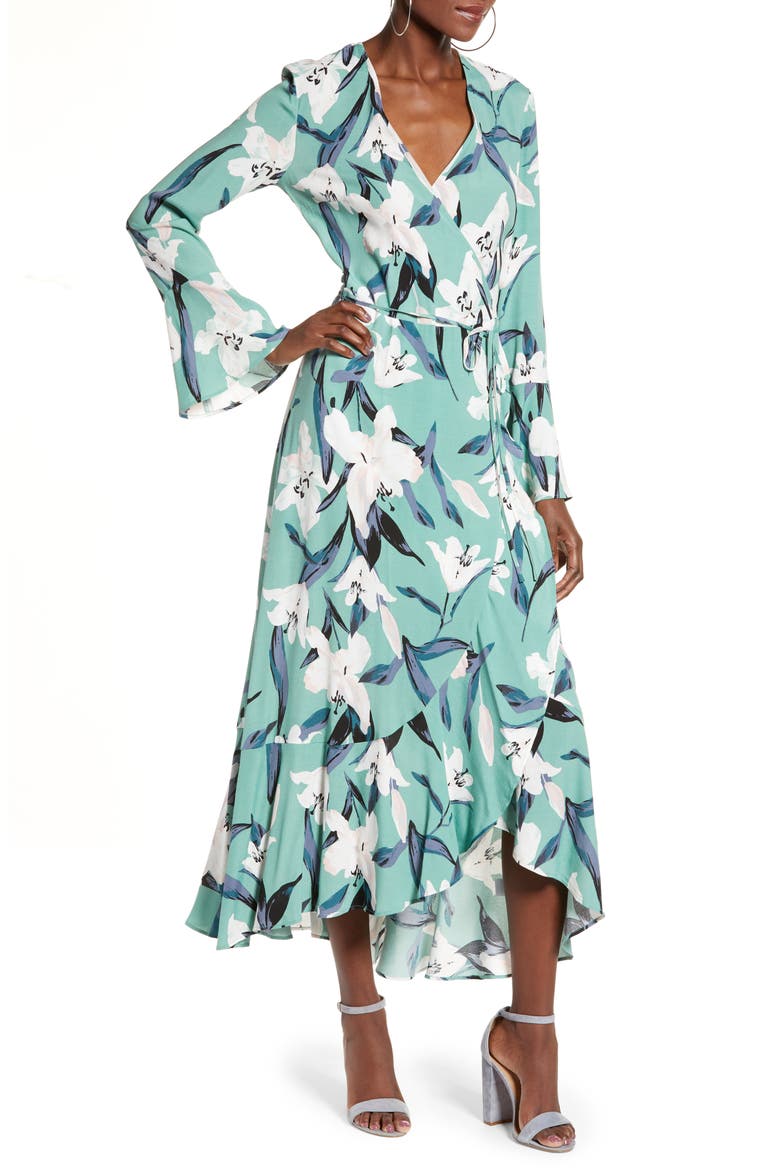 Bell Sleeve Wrap Midi Dress, Main, color, GREEN WING ROMANTIC FLR