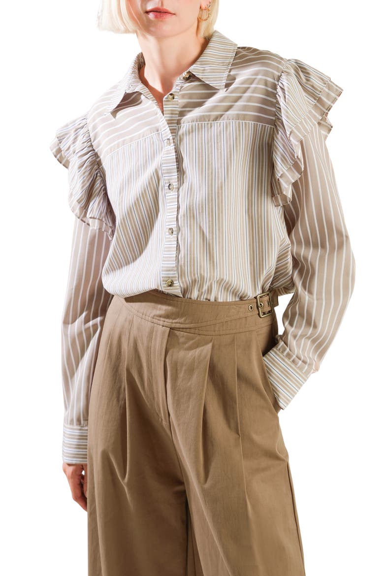 Striped Ruffle Shoulder Button-Front Shirt, Main, color, TAUPE