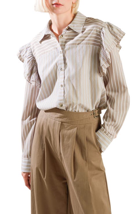 Striped Ruffle Shoulder Button-Front Shirt