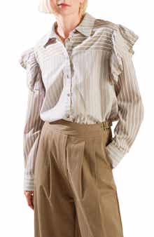 Striped Ruffle Shoulder Button-Front Shirt
