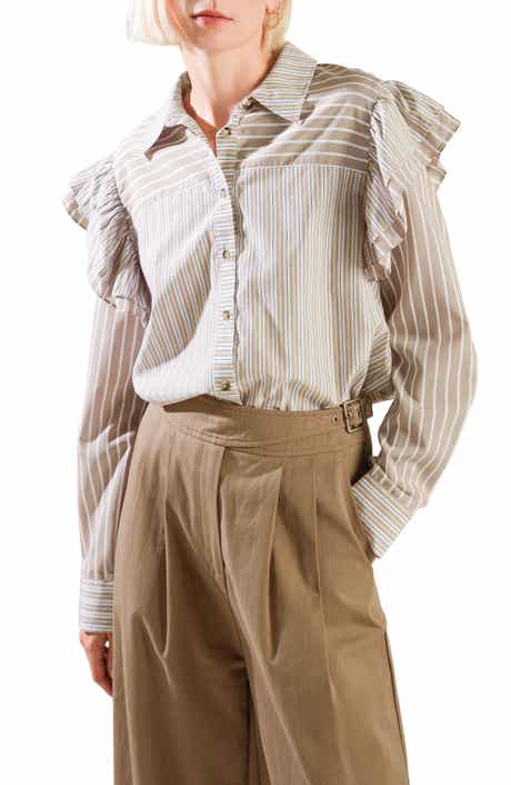 Striped Ruffle Shoulder Button-Front Shirt