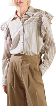 FREEMARKET Striped Ruffle Shoulder Button-Front Shirt