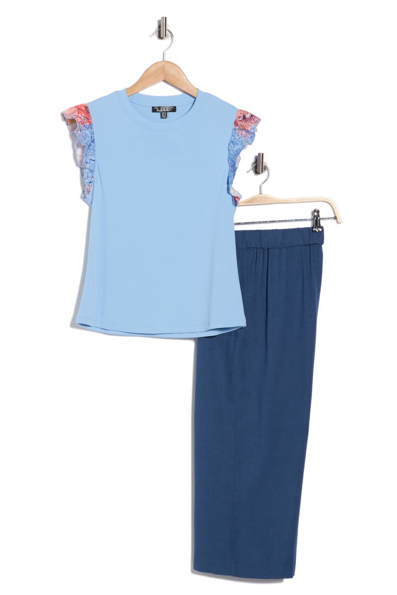 Flutter Sleeve Top & Pull-On Pants Set, Alternate, color, XENON BLUE/ MAGENTA