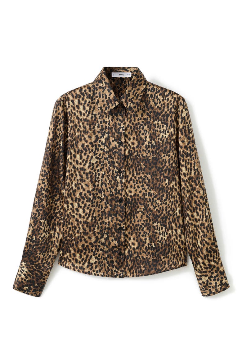 Leopard Print Satin Button-Up Shirt, Alternate, color, BROWN