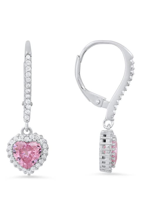 Sterling Silver Cubic Zirconia Halo Birthstone Heart Drop Earrings