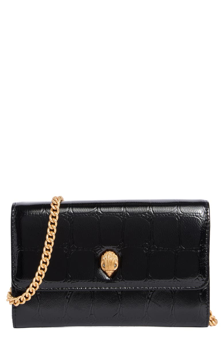 Kurt Geiger London Kensington Croc Embossed Leather Wallet On A Chain, Main, color, Black