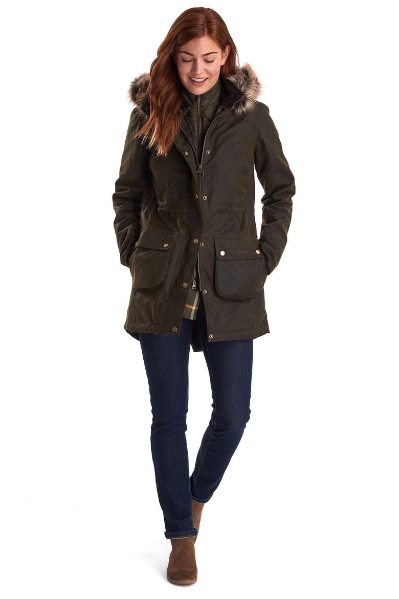Thrunton Waxed Cotton Jacket with Faux Fur Trim, Alternate, color, OLIVE/ CLASSIC