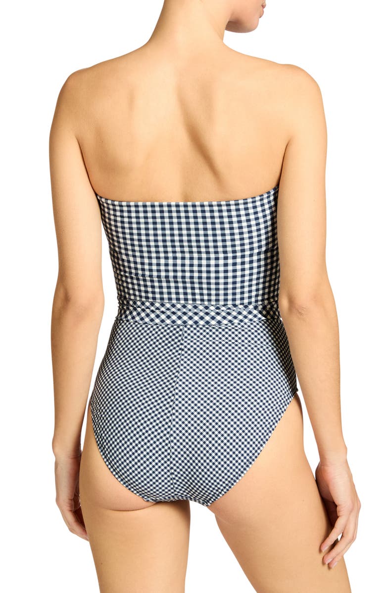Robin Piccone Brigitte Strapless Tie Waist One-Piece Swimsuit, Alternate, color, Navy/ Cream