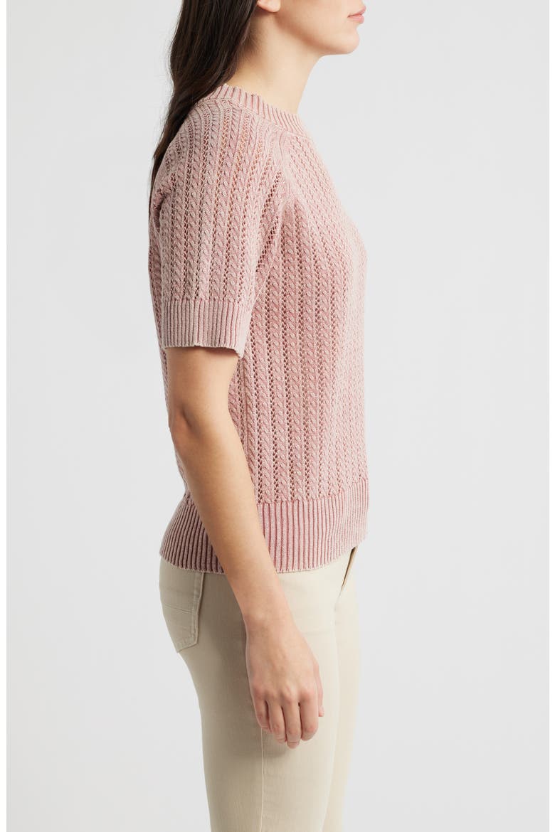Washed Openwork Knit Rib Short Sleeve Sweater, Alternate, color, CONCH