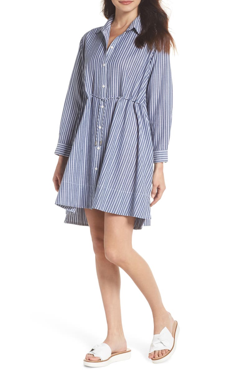 French Connection Tatus Stripe Drawstring Cotton Shirtdress, Main, color, 