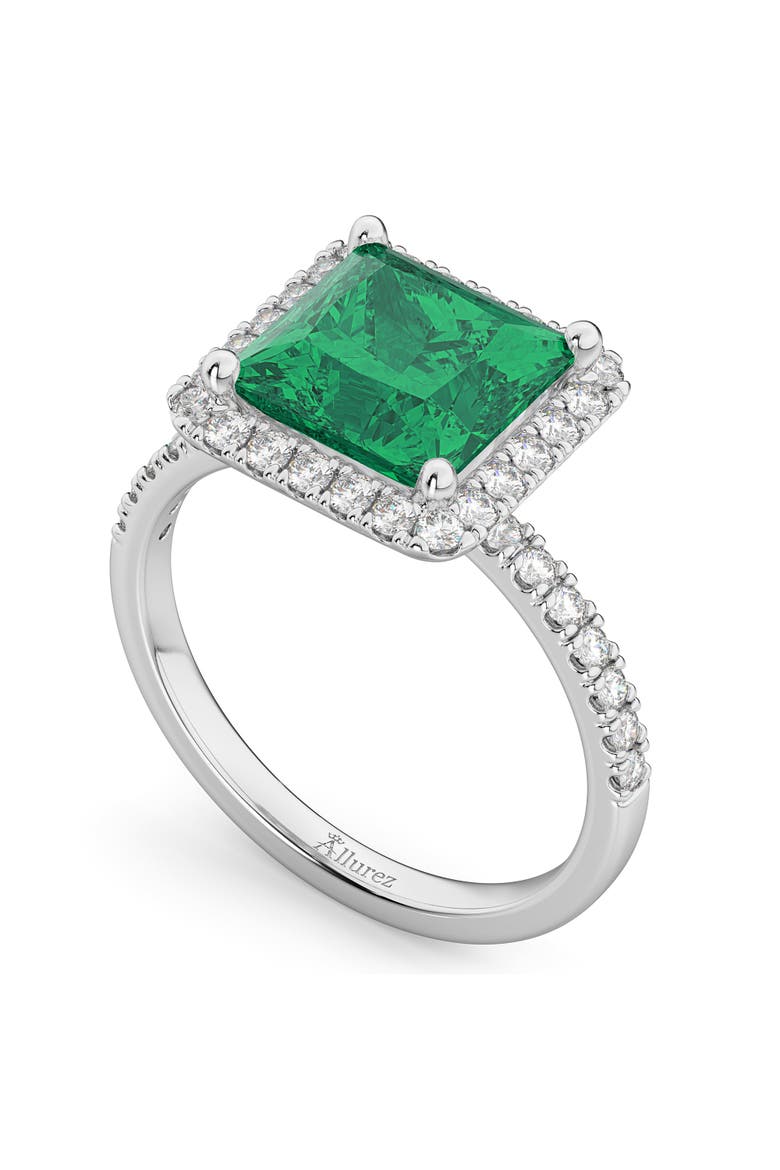 Princess Halo Emerald & Diamond Engagement Ring 14K Gold, Alternate, color, 3.57ct/White Gold