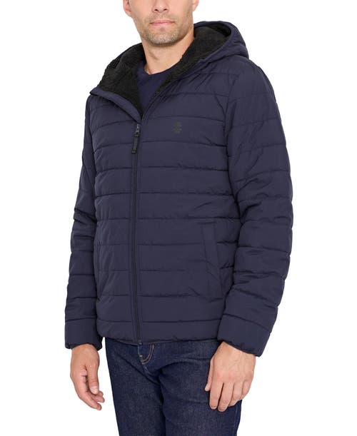 Izod Hooded Stretch Puffer Jacket With Fleece Lining In Blue