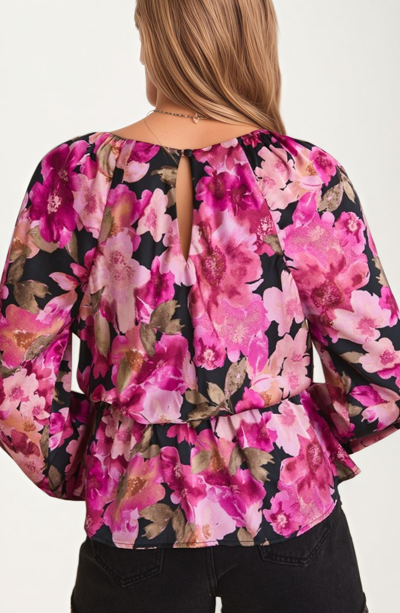 Knit and Lounge Long Sleeve V-Neck Floral Wrap Peplum Blouse, Alternate, color, Pink Floral