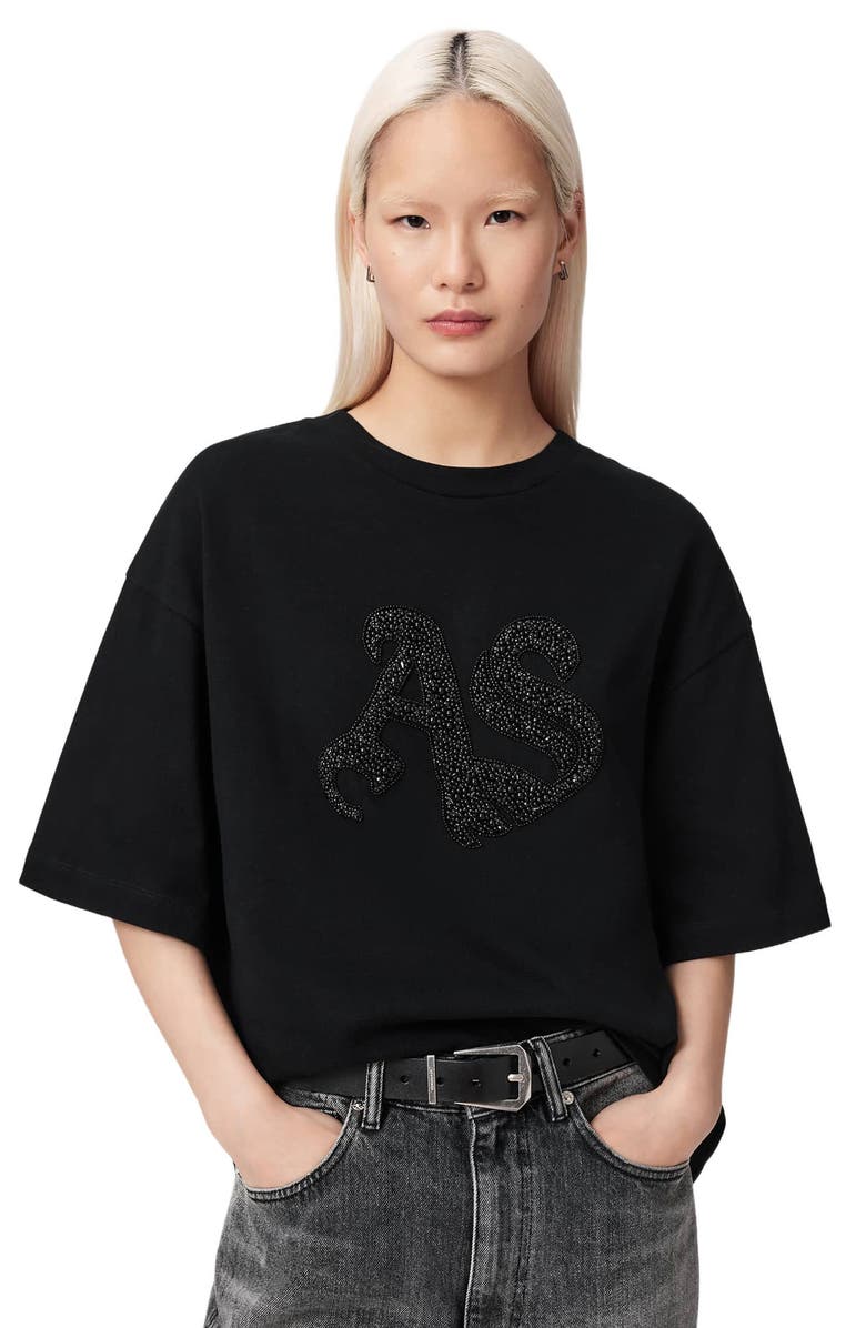 AllSaints Icon Amelie Oversize Rhinestone Cotton T-Shirt, Alternate, color, Black