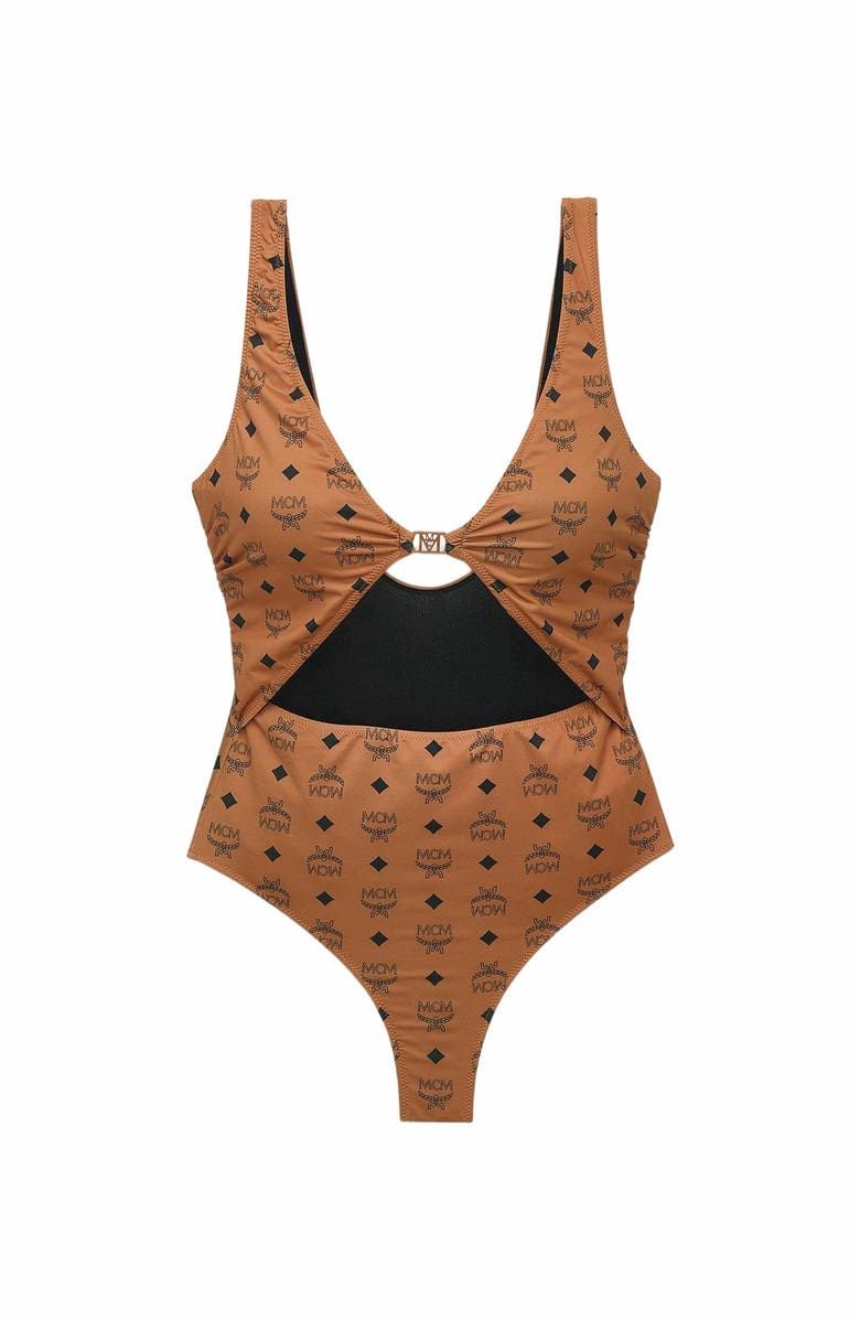 MCM Monogram Print Swimsuit, Main, color, Cognac