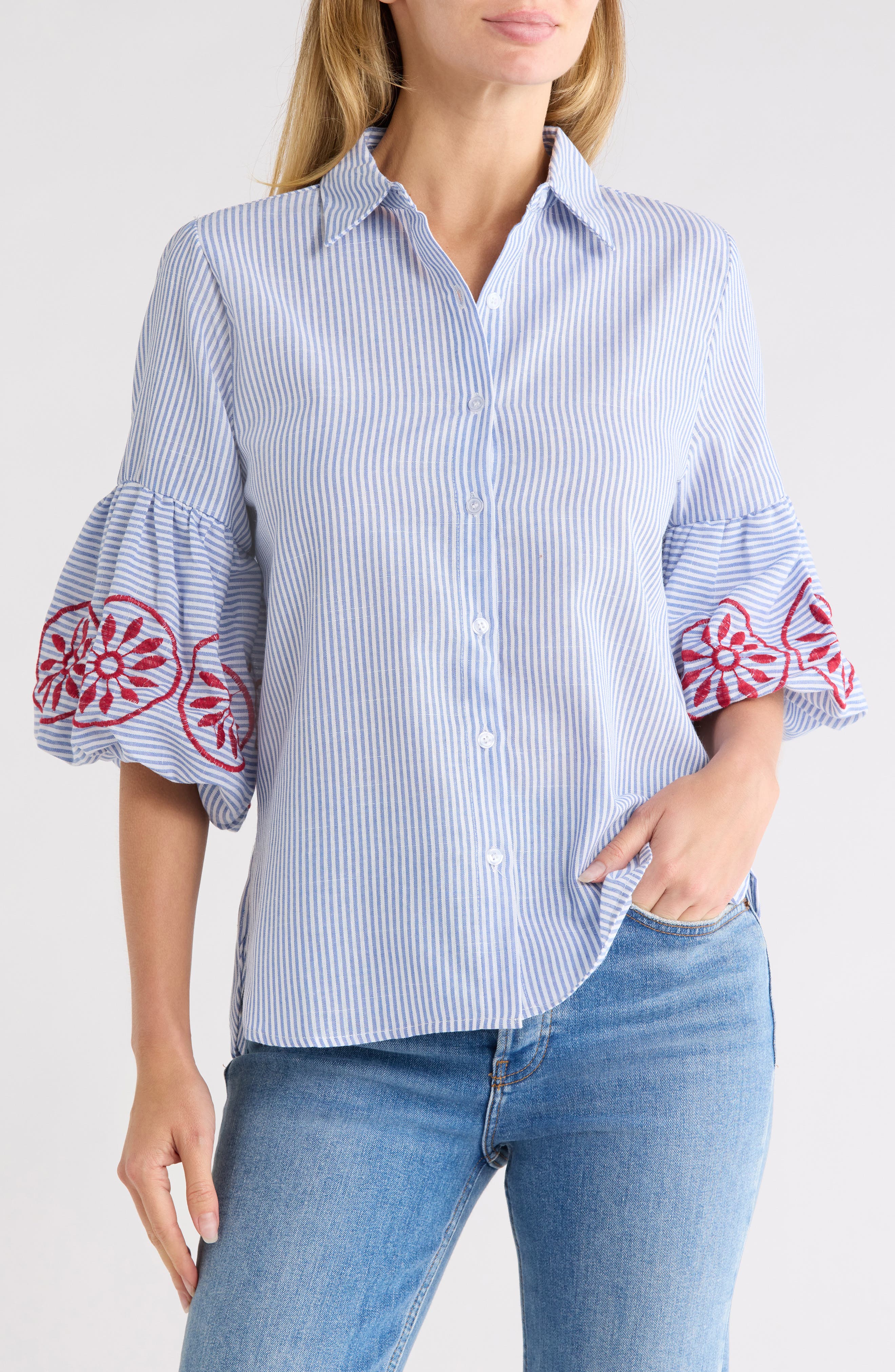 Embroidered Stripe Bubble Sleeve Shirt