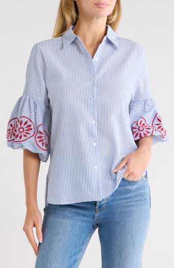 Embroidered Stripe Bubble Sleeve Shirt