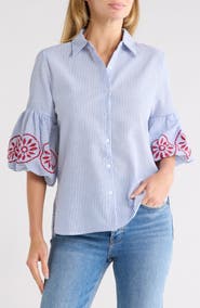 Forgotten Grace Embroidered Stripe Bubble Sleeve Shirt