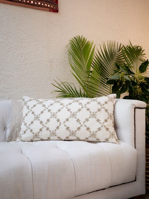 Alamwar Grace Lucknow Lumbar Pillow Cover Shell Linen In Shell/pewter