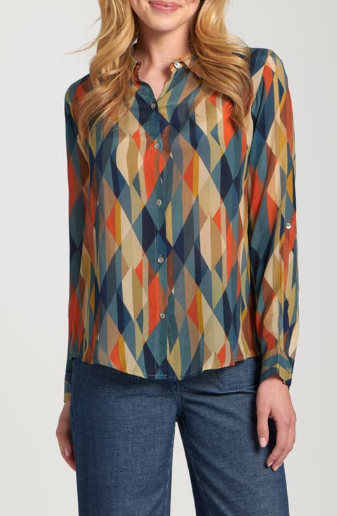 Abstract Print Roll Tab Sleeve Chiffon Button-Up Shirt