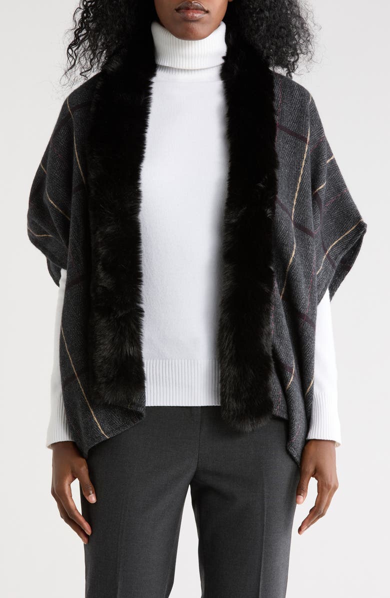 Vince Camuto Faux Fur Collar Plaid Ruana, Main, color, Black
