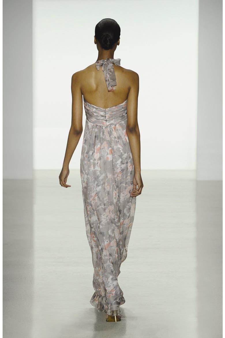 Print Crinkled Silk Chiffon Halter Gown, Alternate, color, SHELL