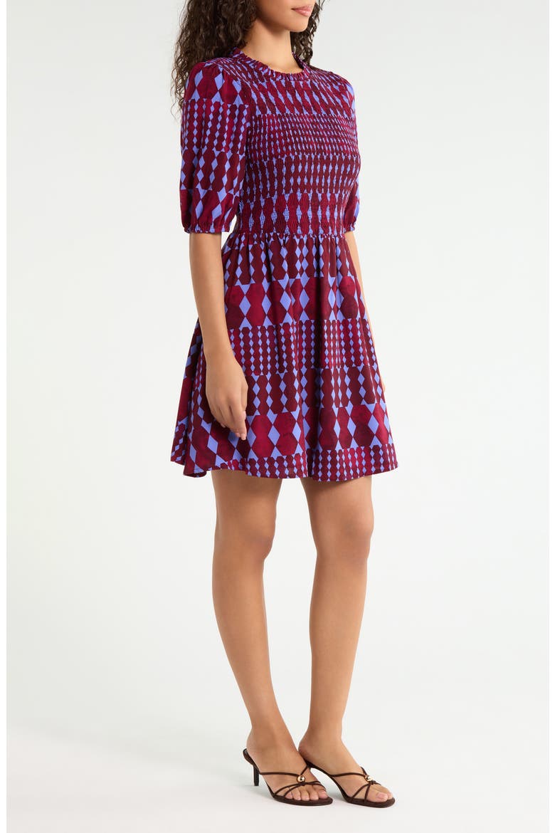 Ramsay Abstract Sulen Smocked Bodice Dress, Alternate, color, BURGUNDY-BLUE