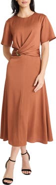 Maggy London Buckle Detail Hammered Satin Midi Dress