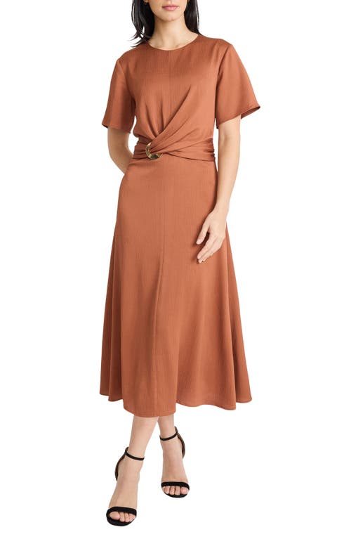 Maggy London Buckle Detail Hammered Satin Midi Dress In Brown