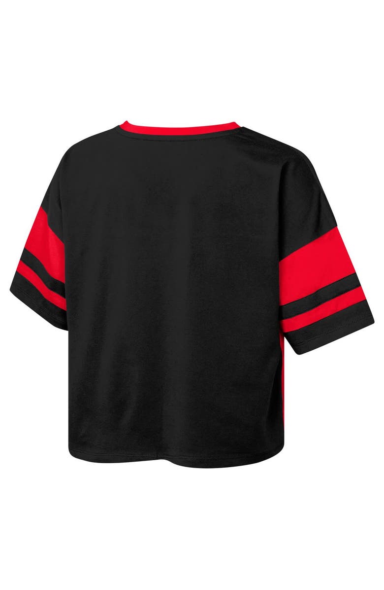 Outerstuff Girls Youth Scarlet Nebraska Huskers The Playmaker Sleeve Stripe V-Neck Jersey T-Shirt, Alternate, color, 