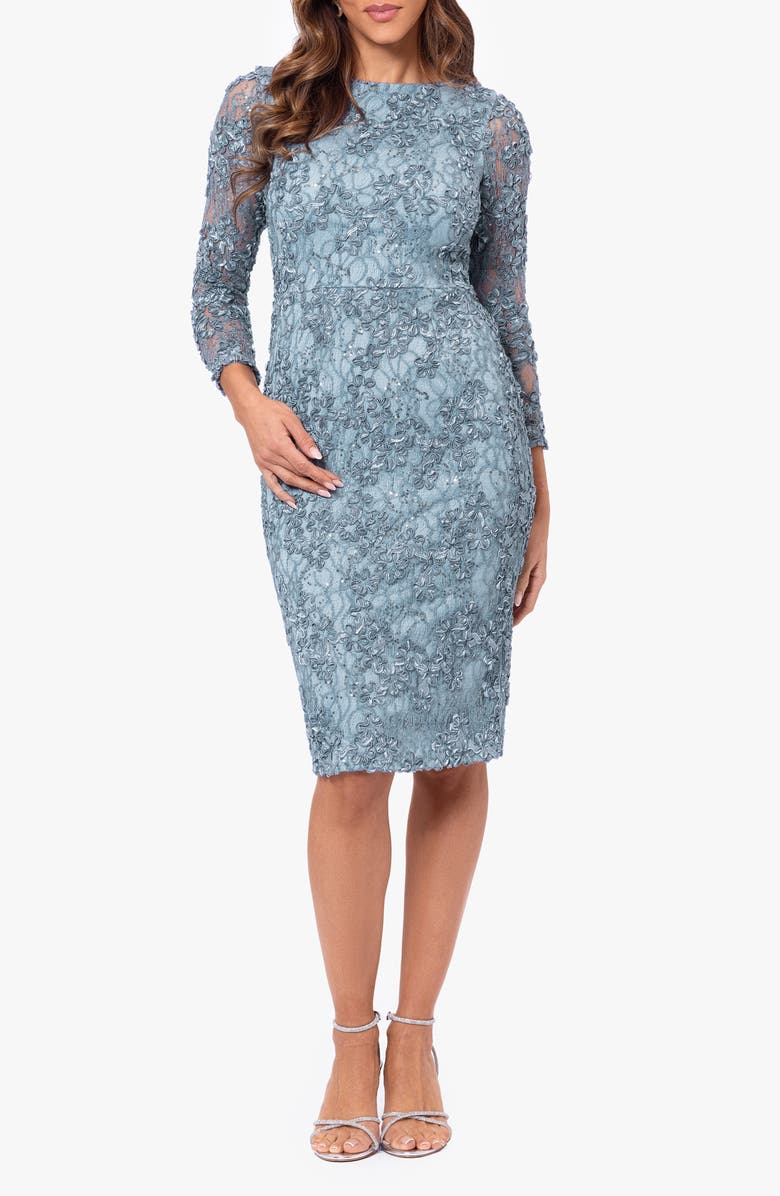 Xscape Evenings Floral Long Sleeve Sequin Lace Midi Cocktail Dress, Main, color,