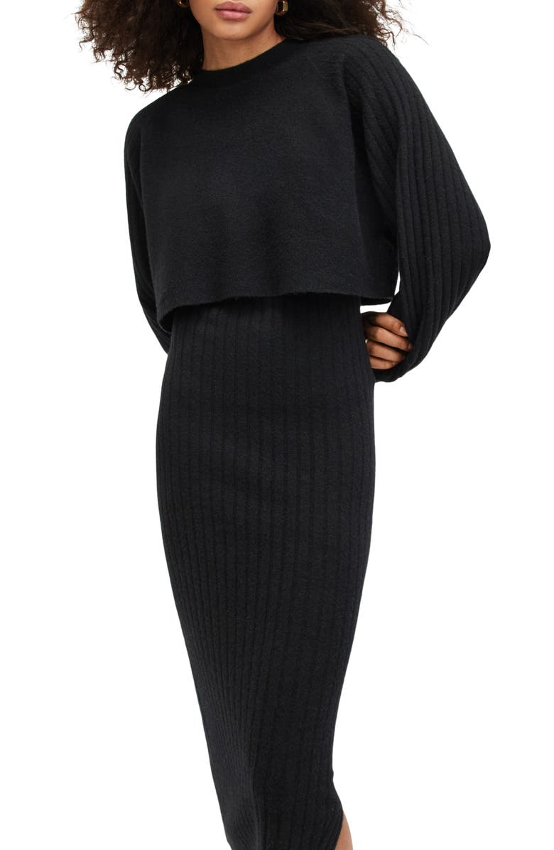 AllSaints Margot Two-Piece Rib Crop Sweater & Midi Sweater Dress, Alternate, color, Doe Brown