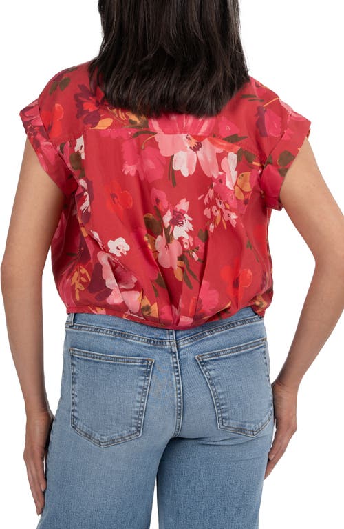 Kut From The Kloth Gia Floral Print Pleated Crop Shirt In Brick/pink