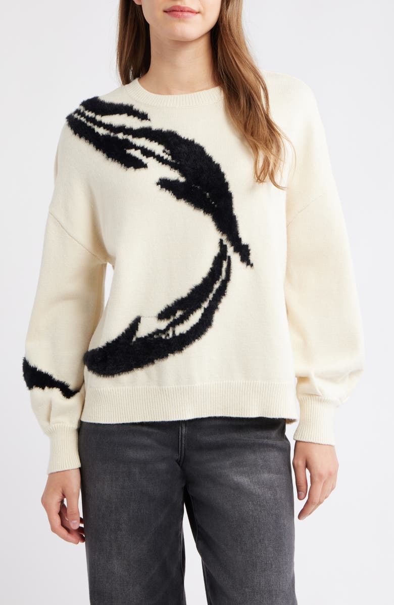 Wit & Wisdom Mixed Media Blouson Sleeve Sweater, Main, color, Ivory/ Black