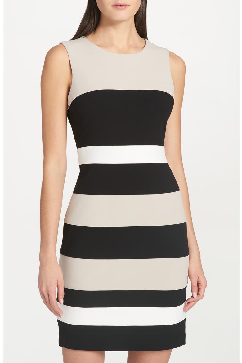 Colorblock Stripe Crepe Sheath Dress, Alternate, color, KHK/BK/IVO