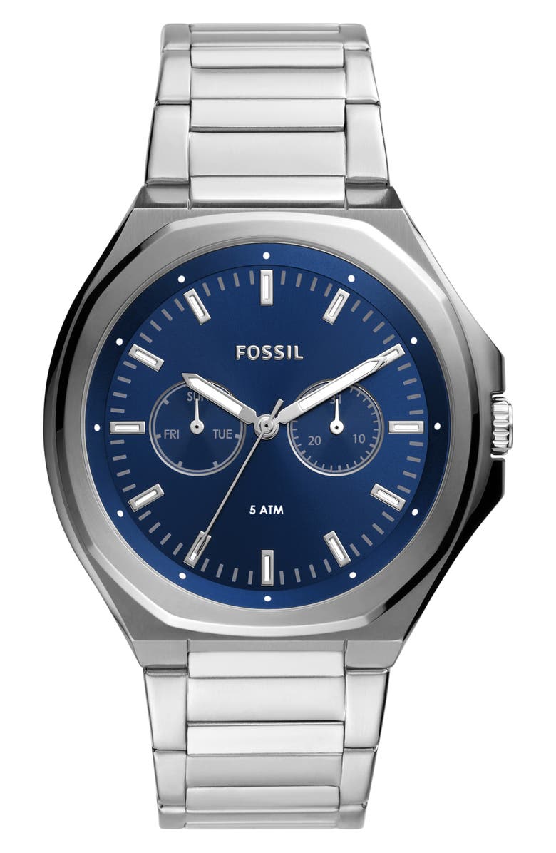 Fossil Evanston Three-Hand Quartz Bracelet Watch, 45mm, Main, color, Silver