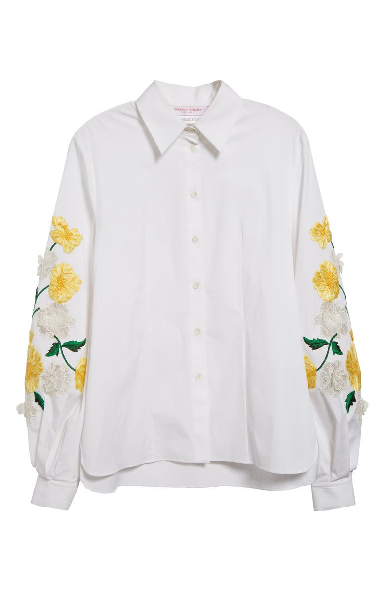 Carolina Herrera Embroidered Sleeve Stretch Cotton Button-Up Shirt, Alternate, color,