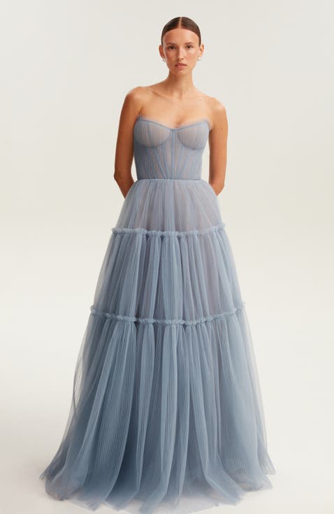 Ruffled Tulle Maxi Formal Occasion Gown in Blue