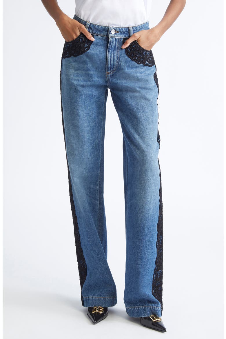Lace Trim Straight Leg Jeans, Main, color, S9001 BLUE