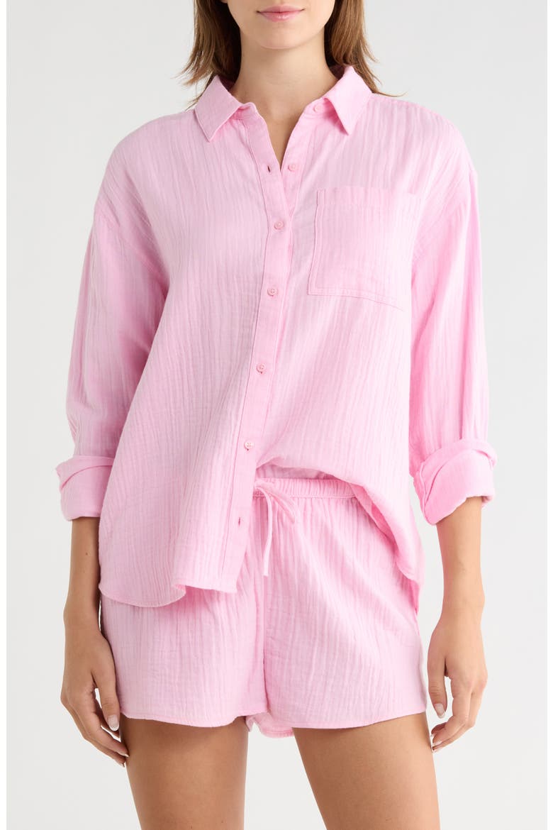 Relaxed Long Sleeve Cotton Gauze Shirt, Main, color, PINK SWEET