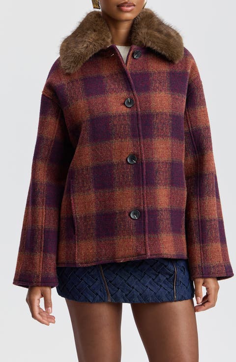 Faux Fur Collar Double Faced Plaid Coat