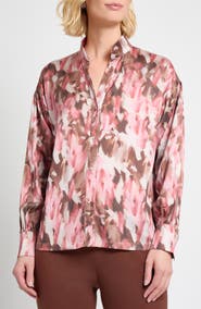 Misook Brushstroke Print Crêpe de Chine Button-Up Shirt