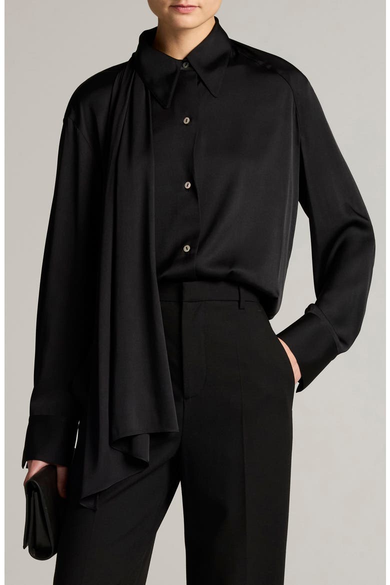 Scarf Detail Silk Blend Button-Up Shirt, Main, color, BLACK