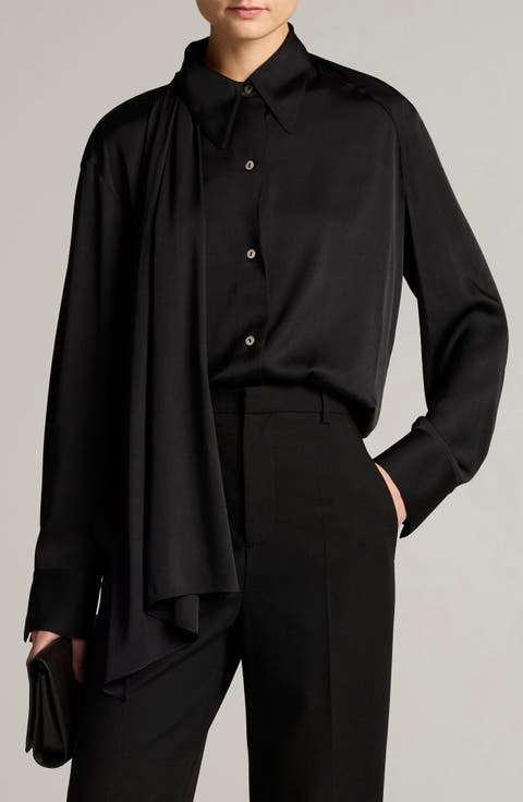Scarf Detail Silk Blend Button-Up Shirt