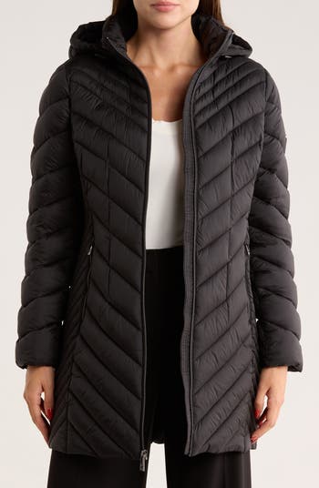 Chevron Quilted Longline 400 Fill Power Hooded Puffer Jacket