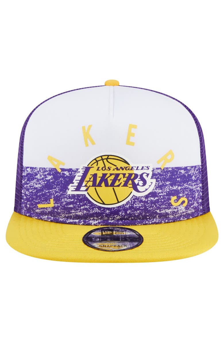 New Era Men's New Era Purple Los Angeles Lakers Arch A-Frame Trucker 9FIFTY Snapback Hat, Alternate, color, Purple