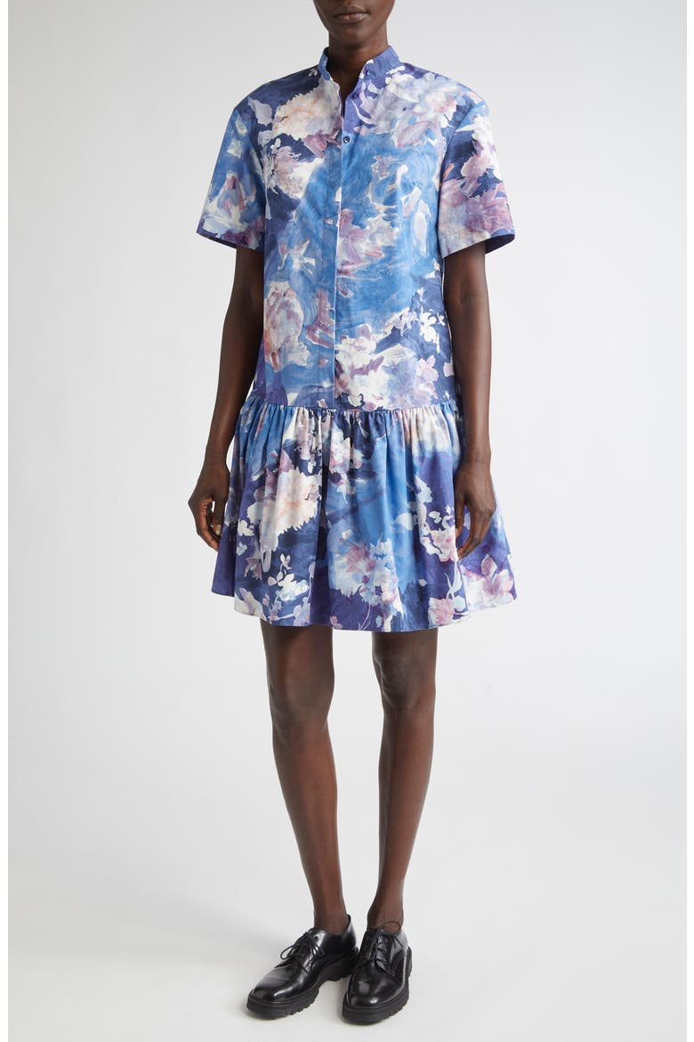 Short Sleeve Cotton Poplin Mini Shirtdress, Main, color, ARTIST GARDEN PALE COBALT