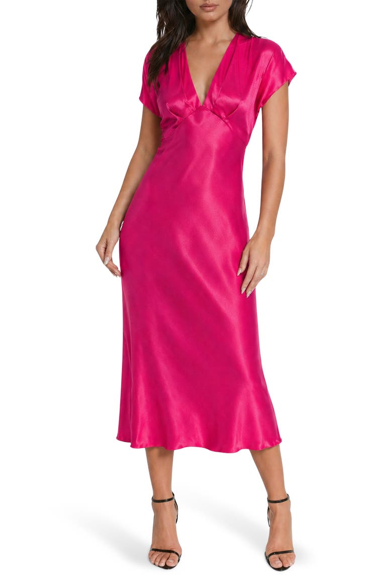 Satin Cap Sleeve Midi Dress, Main, color, FUCHSIA