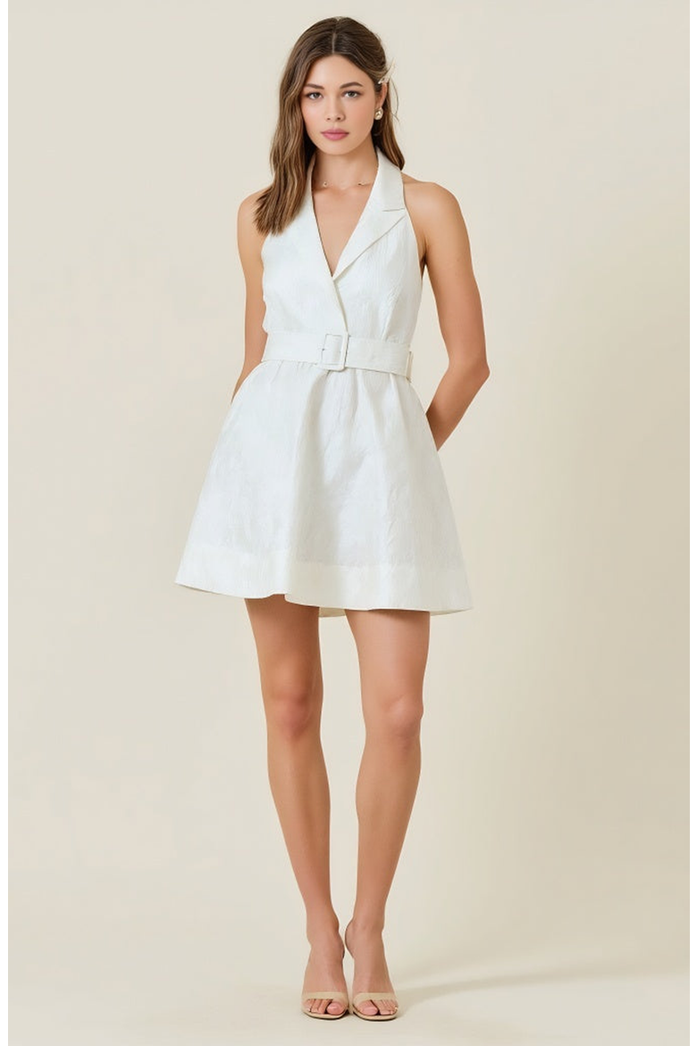 Halter Blazer Mini Dress with Belted Waist and Tailored Fit, Alternate, color, White